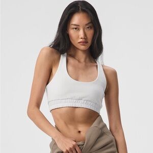 Alo White Diagonal French Terry Racerback Scoop Neck Sweatshirt Sports Bra Sz S